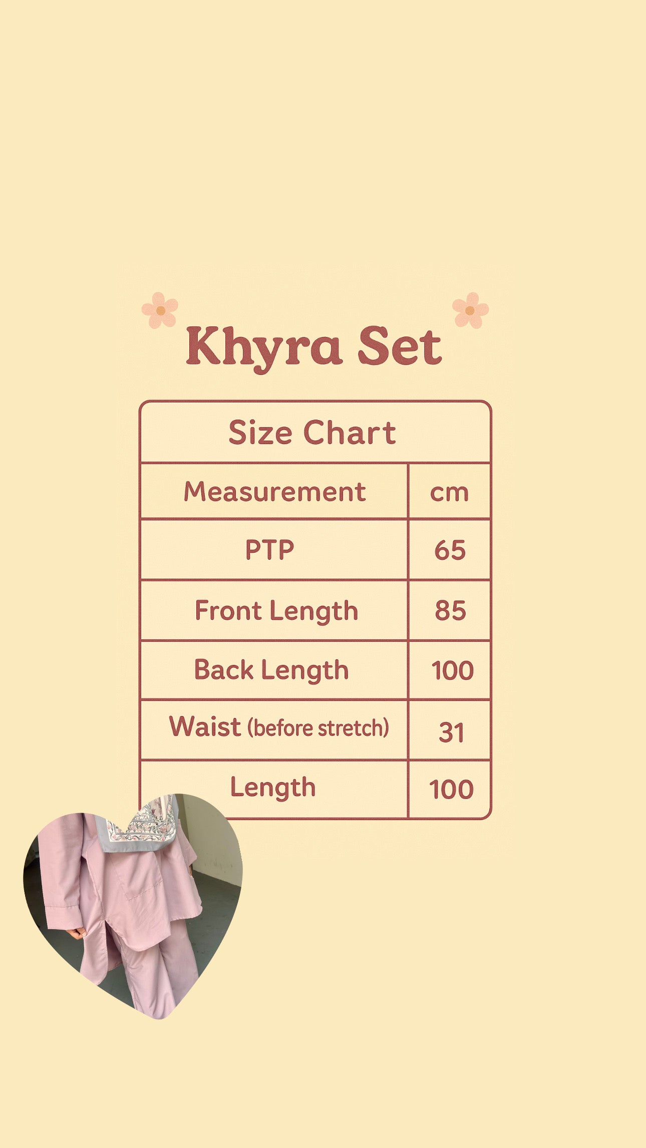 Size chart for Khyra Set with measurements on a beige background